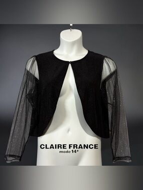 Claire France 14+, Plus Size 1X, Black Sparkle Sheer Sleeve Bolero Shrug